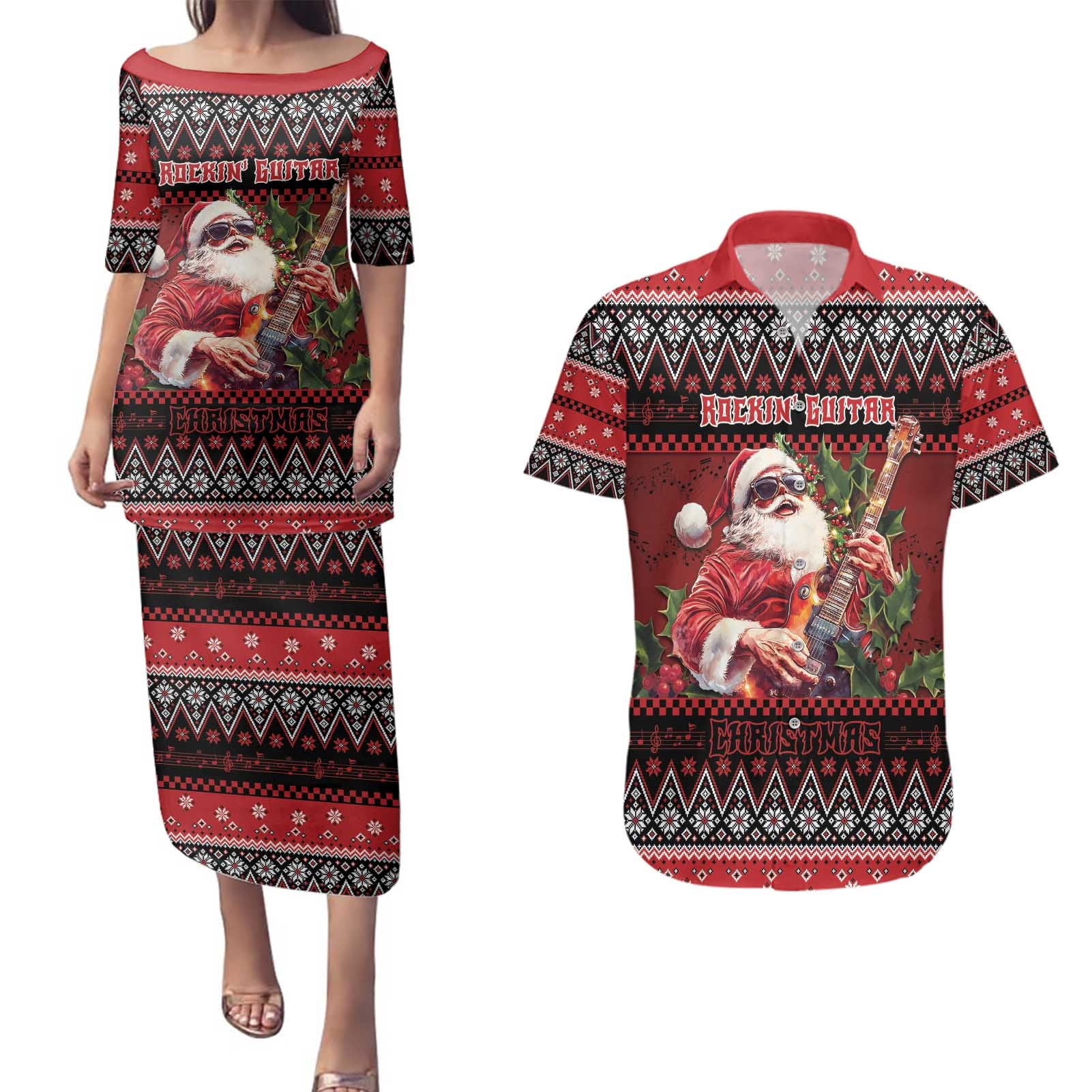 Guitar Christmas Couples Matching Puletasi and Hawaiian Shirt Rocking Santa - Wonder Print Shop