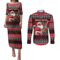 Guitar Christmas Couples Matching Puletasi and Long Sleeve Button Shirt Rocking Santa - Wonder Print Shop