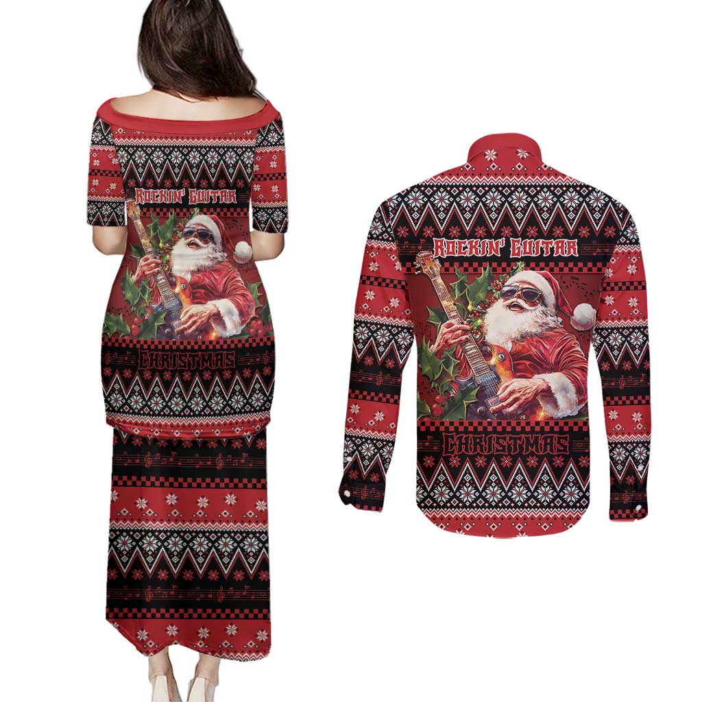 Guitar Christmas Couples Matching Puletasi and Long Sleeve Button Shirt Rocking Santa - Wonder Print Shop
