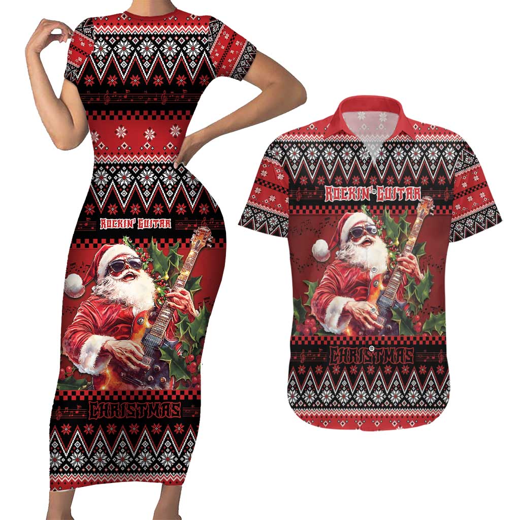 Guitar Christmas Couples Matching Short Sleeve Bodycon Dress and Hawaiian Shirt Rocking Santa - Wonder Print Shop