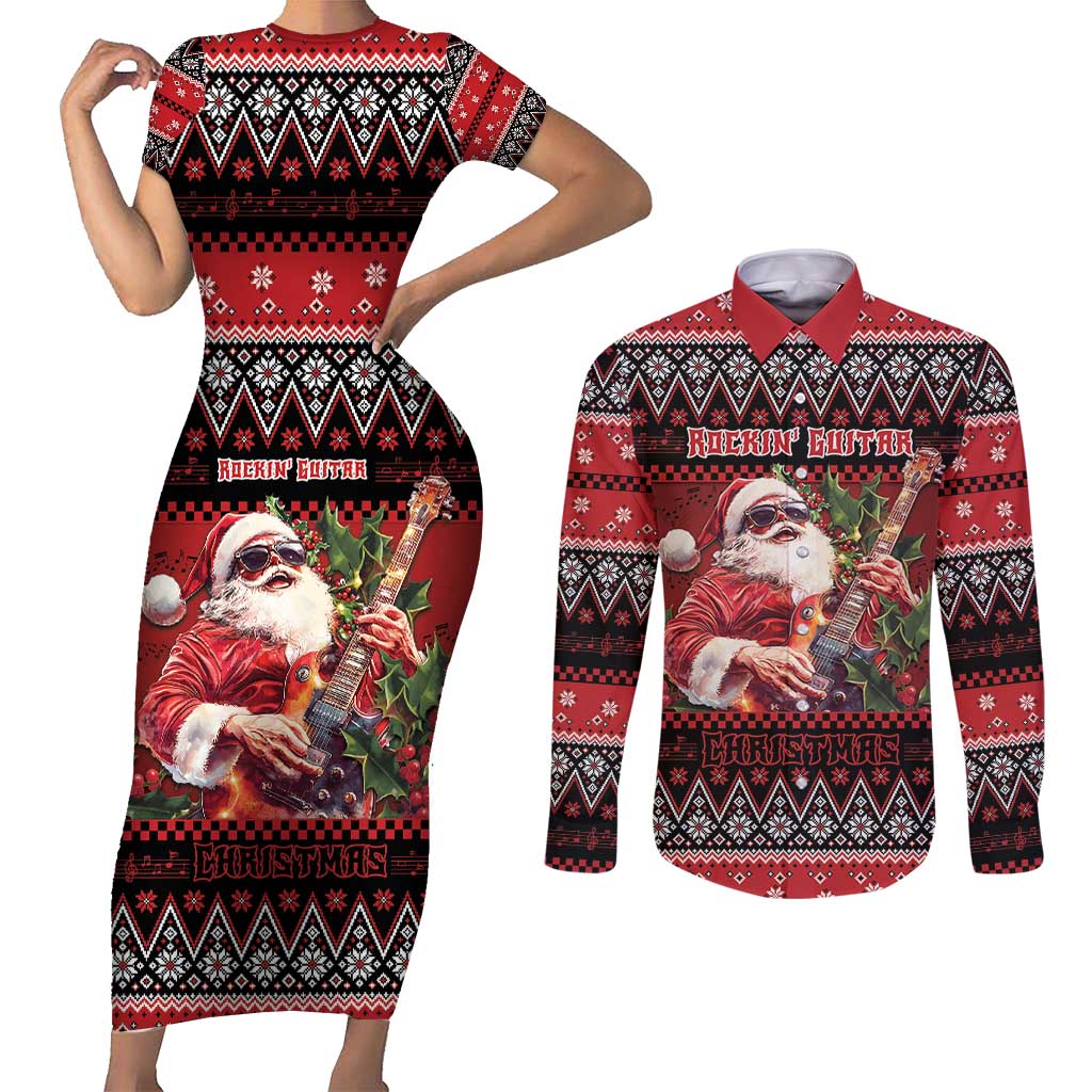 Guitar Christmas Couples Matching Short Sleeve Bodycon Dress and Long Sleeve Button Shirt Rocking Santa - Wonder Print Shop