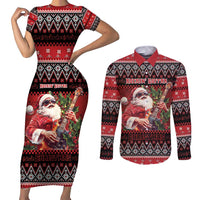 Guitar Christmas Couples Matching Short Sleeve Bodycon Dress and Long Sleeve Button Shirt Rocking Santa - Wonder Print Shop