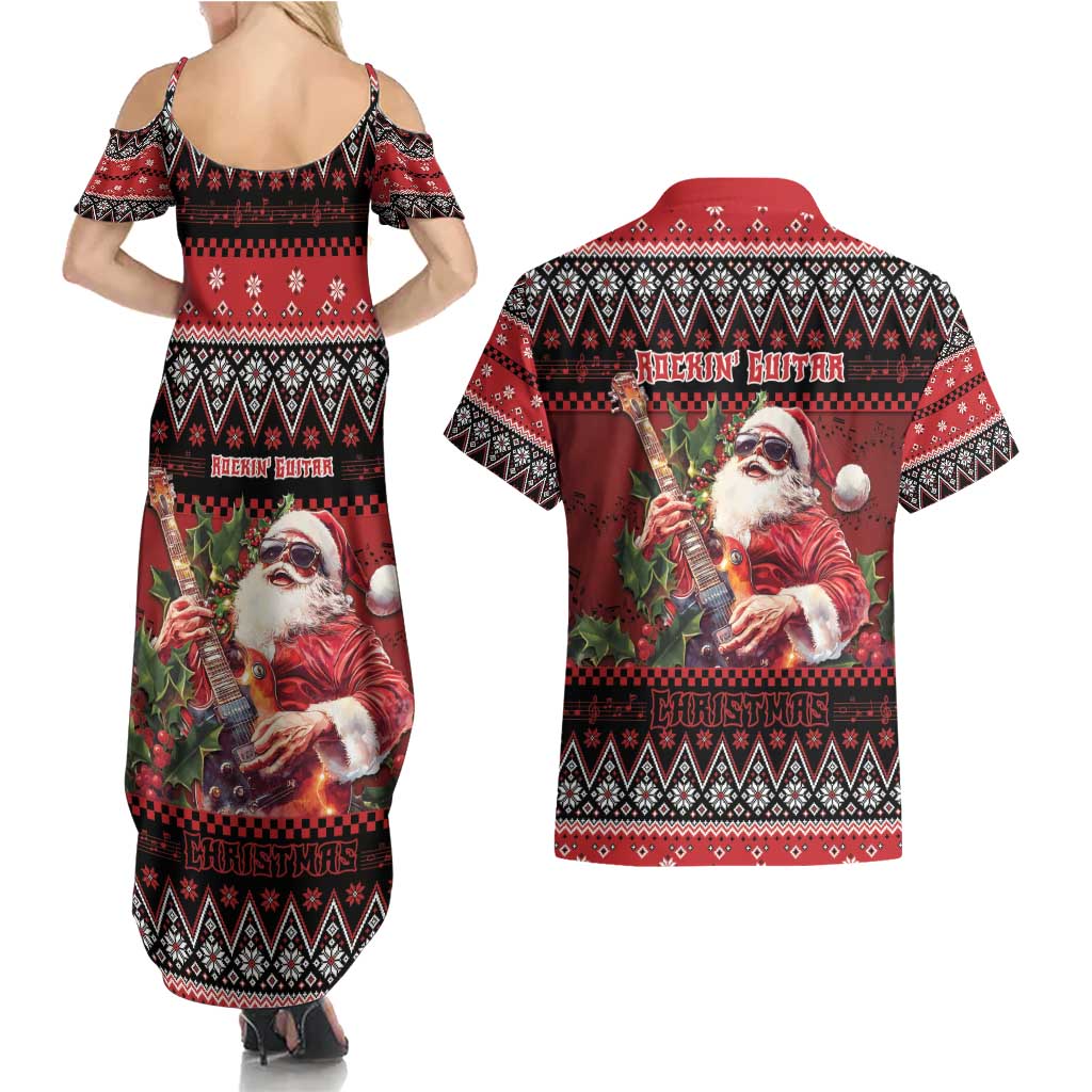 Guitar Christmas Couples Matching Summer Maxi Dress and Hawaiian Shirt Rocking Santa - Wonder Print Shop