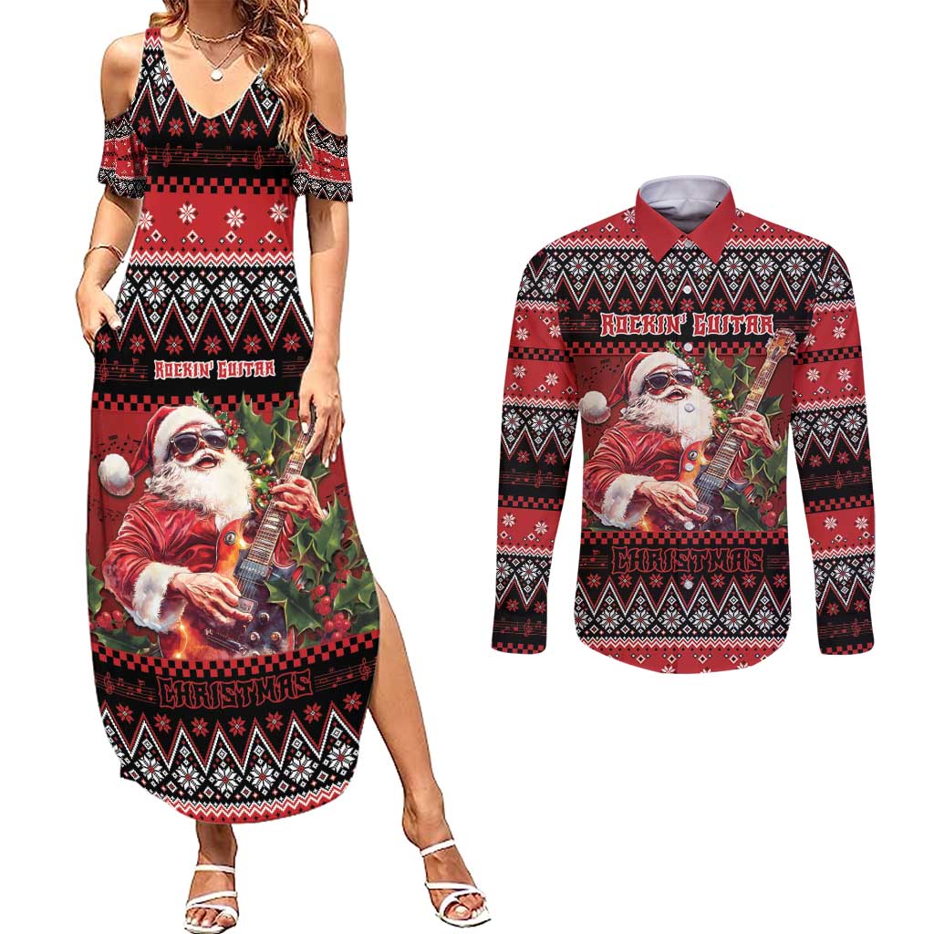 Guitar Christmas Couples Matching Summer Maxi Dress and Long Sleeve Button Shirt Rocking Santa - Wonder Print Shop