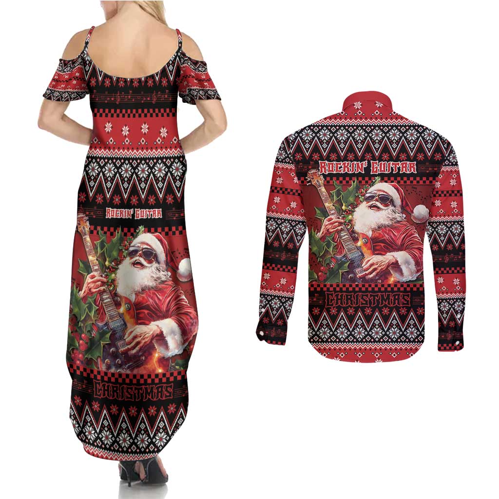Guitar Christmas Couples Matching Summer Maxi Dress and Long Sleeve Button Shirt Rocking Santa - Wonder Print Shop