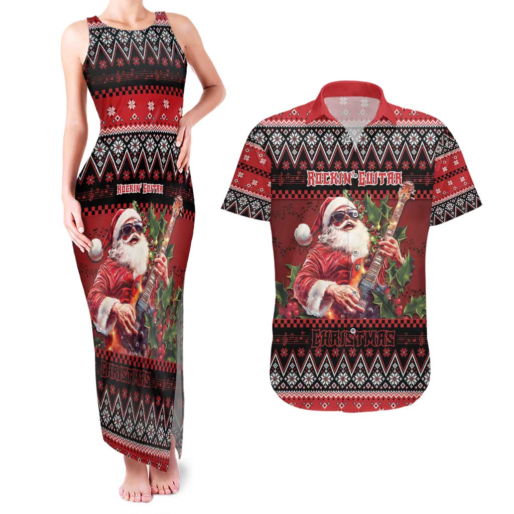 Guitar Christmas Couples Matching Tank Maxi Dress and Hawaiian Shirt Rocking Santa - Wonder Print Shop