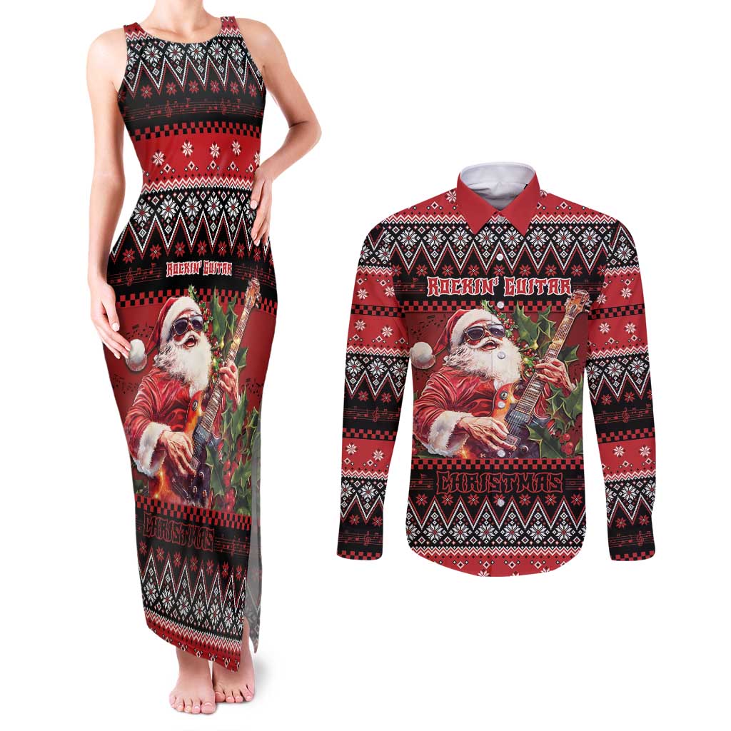 Guitar Christmas Couples Matching Tank Maxi Dress and Long Sleeve Button Shirt Rocking Santa - Wonder Print Shop