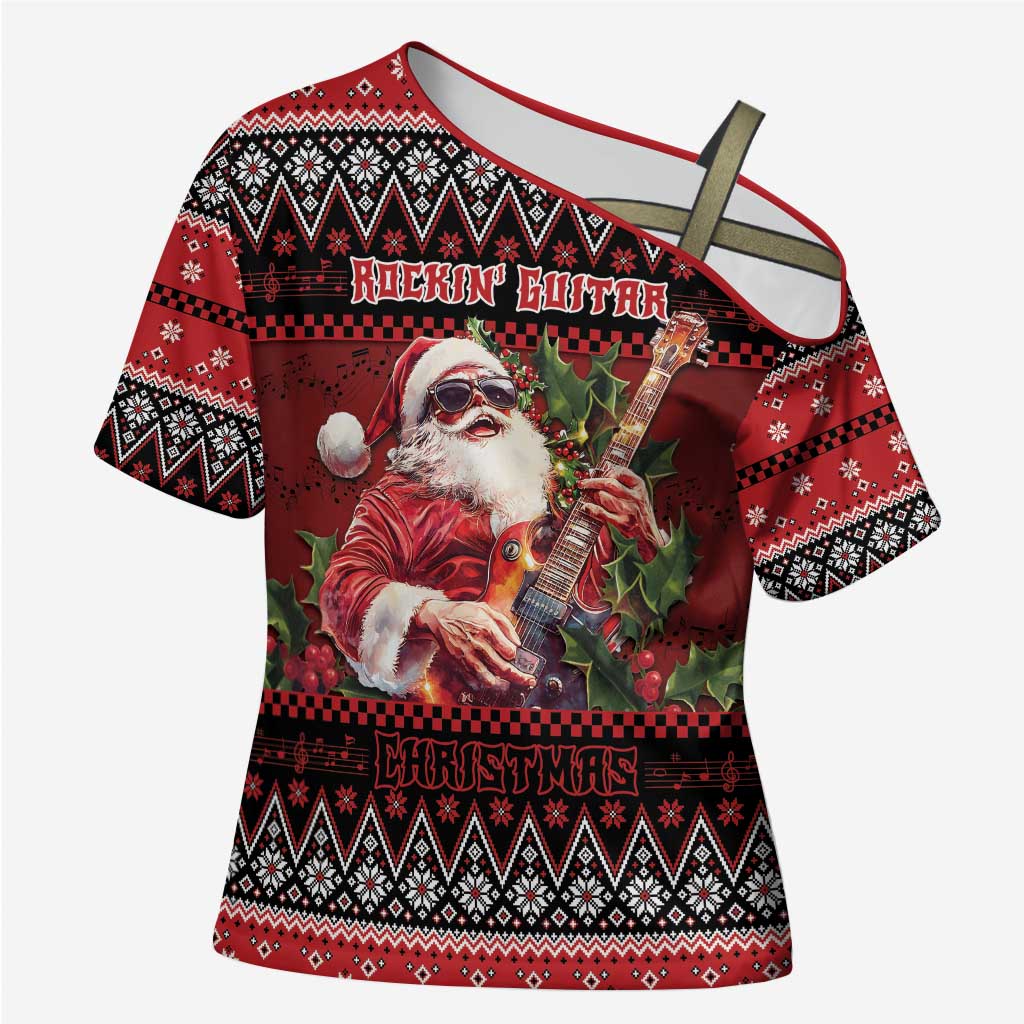 Guitar Christmas Cross Shoulder Shirt Rocking Santa - Wonder Print Shop