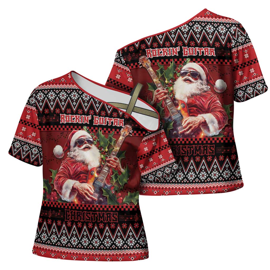 Guitar Christmas Cross Shoulder Shirt Rocking Santa - Wonder Print Shop