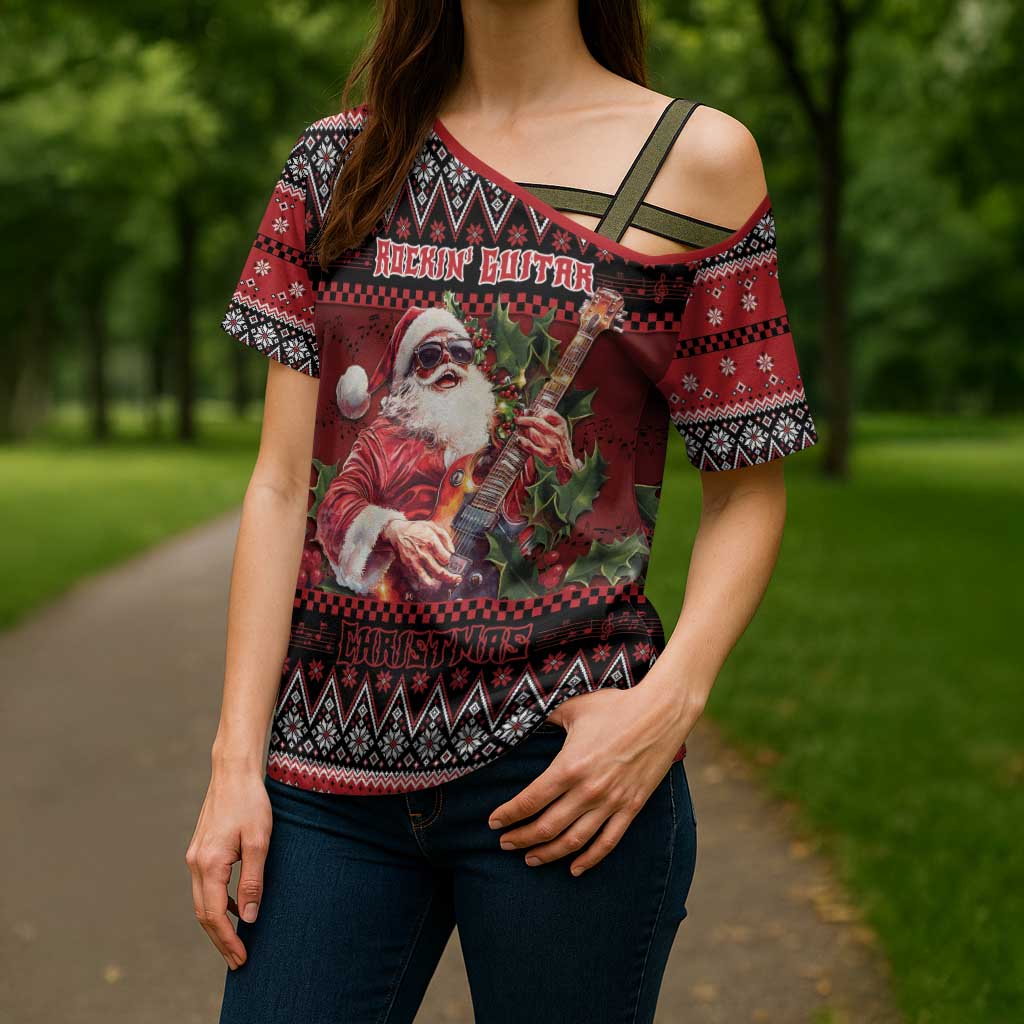 Guitar Christmas Cross Shoulder Shirt Rocking Santa - Wonder Print Shop