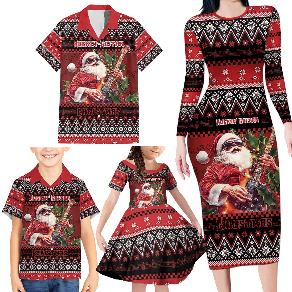 Guitar Christmas Family Matching Long Sleeve Bodycon Dress and Hawaiian Shirt Rocking Santa - Wonder Print Shop