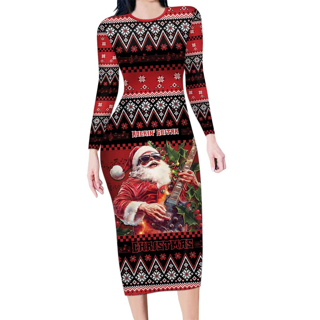 Guitar Christmas Family Matching Long Sleeve Bodycon Dress and Hawaiian Shirt Rocking Santa - Wonder Print Shop