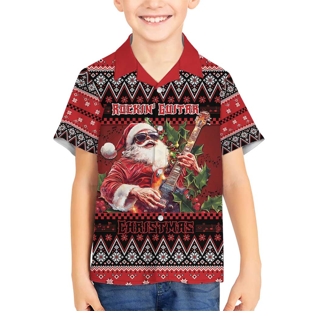 Guitar Christmas Family Matching Long Sleeve Bodycon Dress and Hawaiian Shirt Rocking Santa - Wonder Print Shop