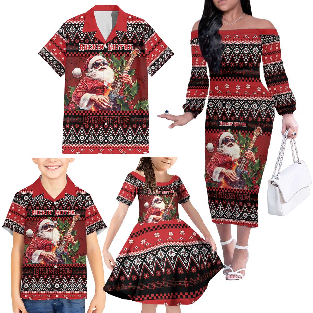 Guitar Christmas Family Matching Off The Shoulder Long Sleeve Dress and Hawaiian Shirt Rocking Santa - Wonder Print Shop