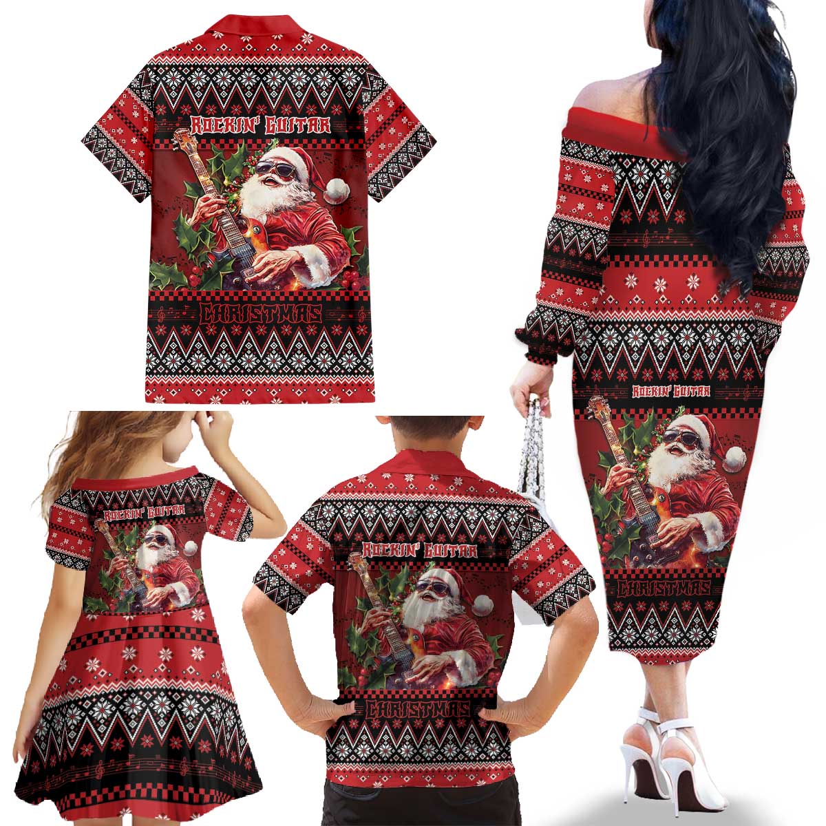 Guitar Christmas Family Matching Off The Shoulder Long Sleeve Dress and Hawaiian Shirt Rocking Santa - Wonder Print Shop