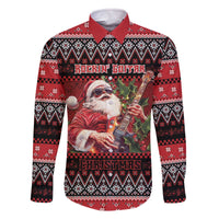 Guitar Christmas Family Matching Off The Shoulder Long Sleeve Dress and Hawaiian Shirt Rocking Santa - Wonder Print Shop