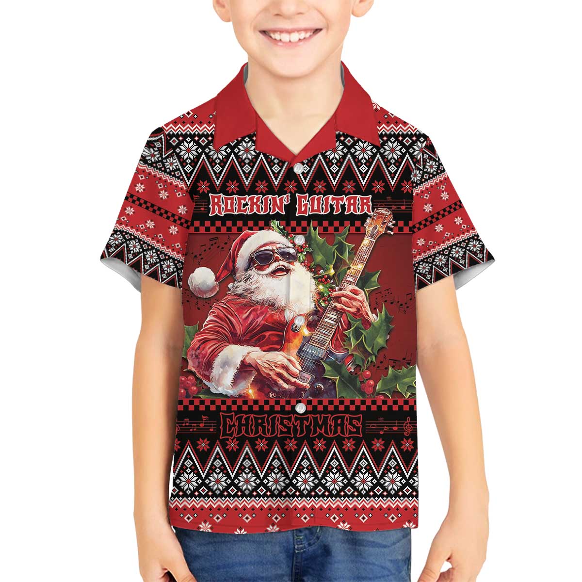 Guitar Christmas Family Matching Off The Shoulder Long Sleeve Dress and Hawaiian Shirt Rocking Santa - Wonder Print Shop