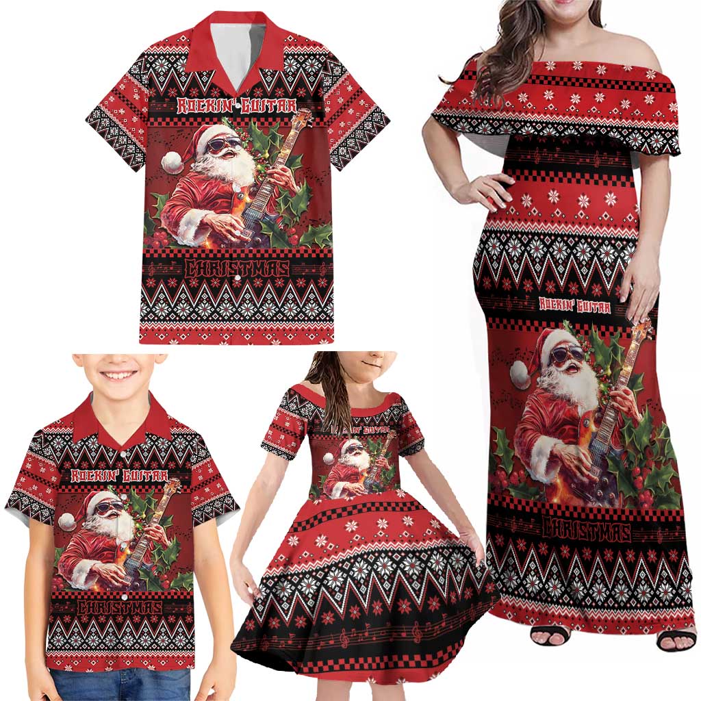 Guitar Christmas Family Matching Off Shoulder Maxi Dress and Hawaiian Shirt Rocking Santa - Wonder Print Shop