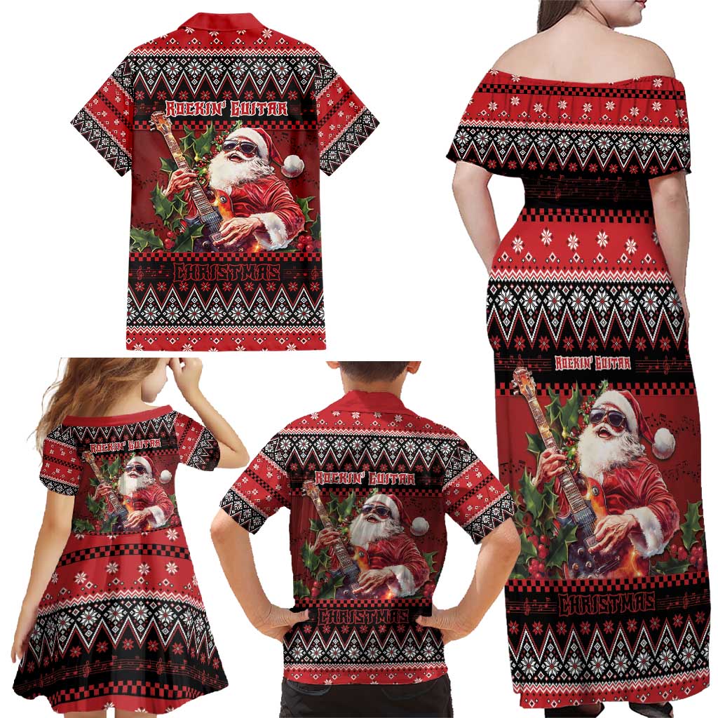Guitar Christmas Family Matching Off Shoulder Maxi Dress and Hawaiian Shirt Rocking Santa - Wonder Print Shop