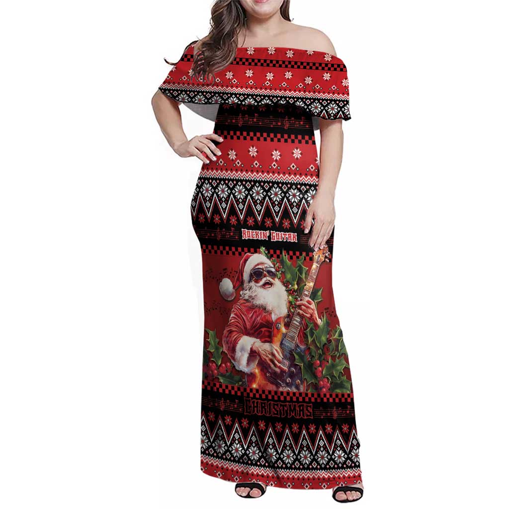 Guitar Christmas Family Matching Off Shoulder Maxi Dress and Hawaiian Shirt Rocking Santa - Wonder Print Shop