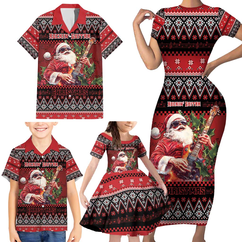 Guitar Christmas Family Matching Short Sleeve Bodycon Dress and Hawaiian Shirt Rocking Santa - Wonder Print Shop