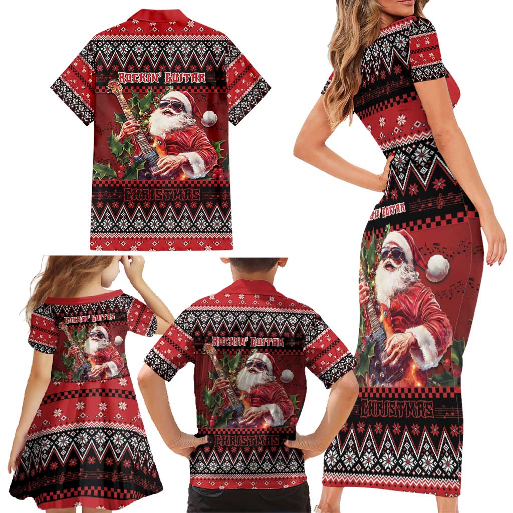 Guitar Christmas Family Matching Short Sleeve Bodycon Dress and Hawaiian Shirt Rocking Santa - Wonder Print Shop