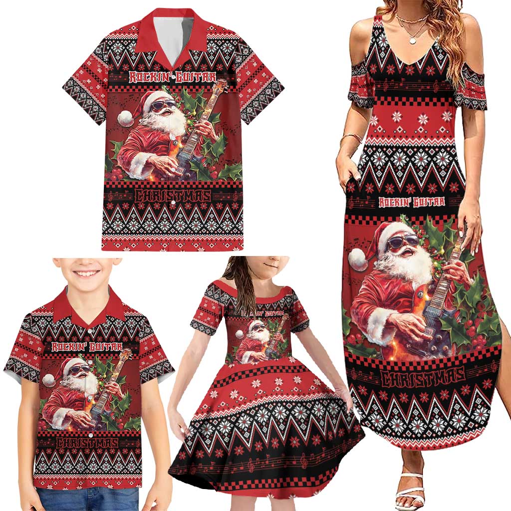 Guitar Christmas Family Matching Summer Maxi Dress and Hawaiian Shirt Rocking Santa - Wonder Print Shop