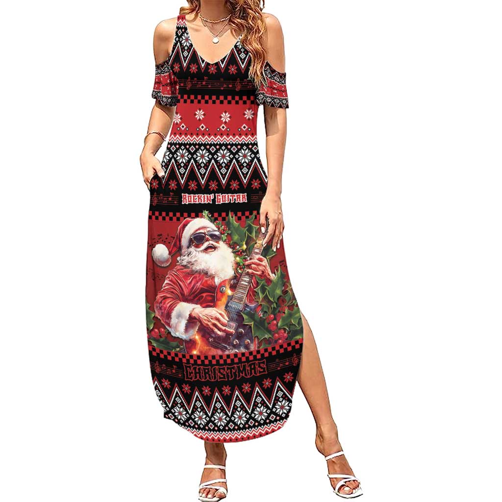 Guitar Christmas Family Matching Summer Maxi Dress and Hawaiian Shirt Rocking Santa - Wonder Print Shop