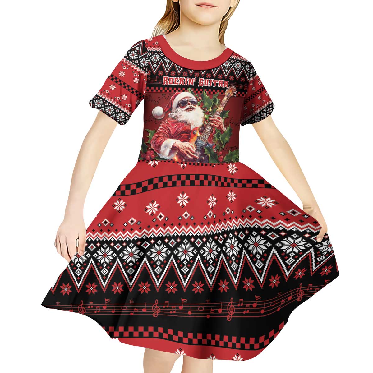 Guitar Christmas Kid Short Sleeve Dress Rocking Santa - Wonder Print Shop