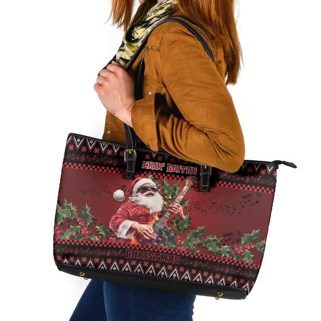 Guitar Christmas Leather Tote Bag Rocking Santa - Wonder Print Shop