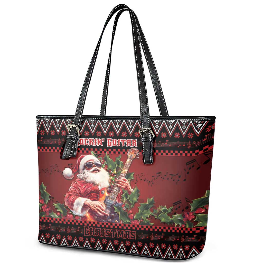 Guitar Christmas Leather Tote Bag Rocking Santa - Wonder Print Shop
