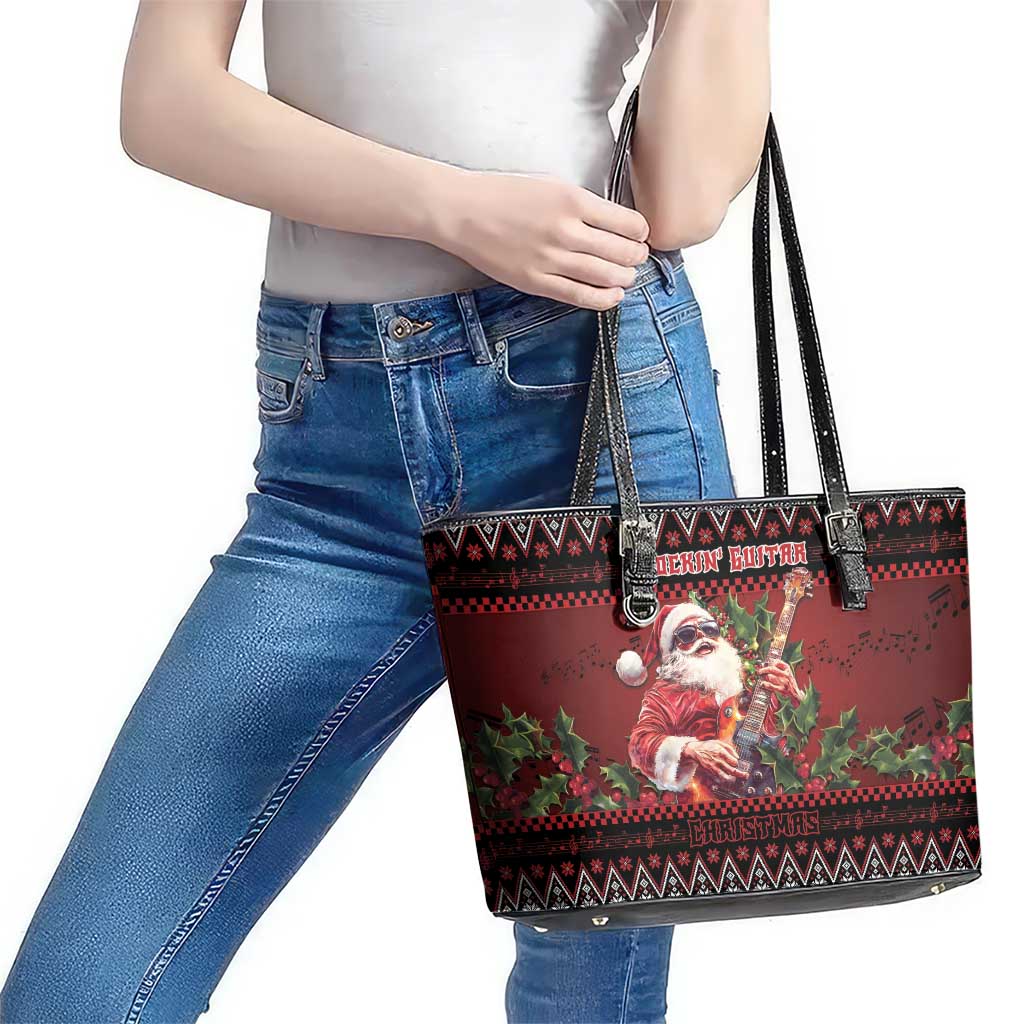 Guitar Christmas Leather Tote Bag Rocking Santa - Wonder Print Shop