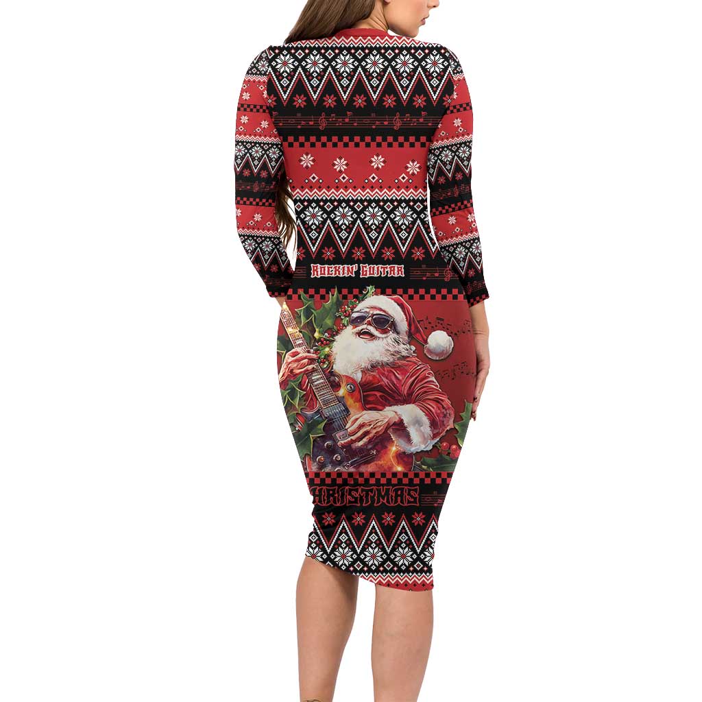Guitar Christmas Long Sleeve Bodycon Dress Rocking Santa - Wonder Print Shop