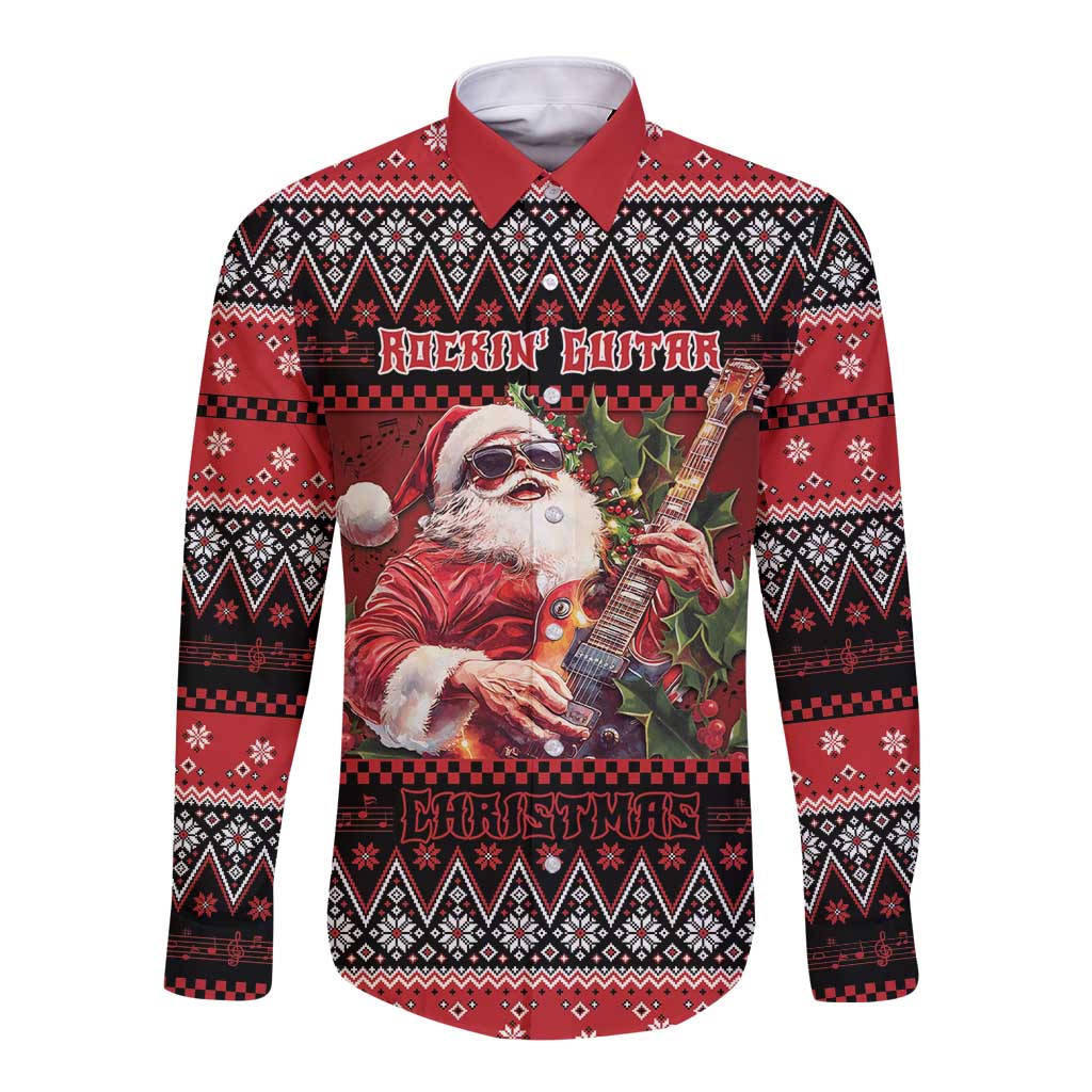 Guitar Christmas Long Sleeve Button Shirt Rocking Santa - Wonder Print Shop