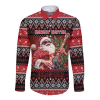 Guitar Christmas Long Sleeve Button Shirt Rocking Santa - Wonder Print Shop