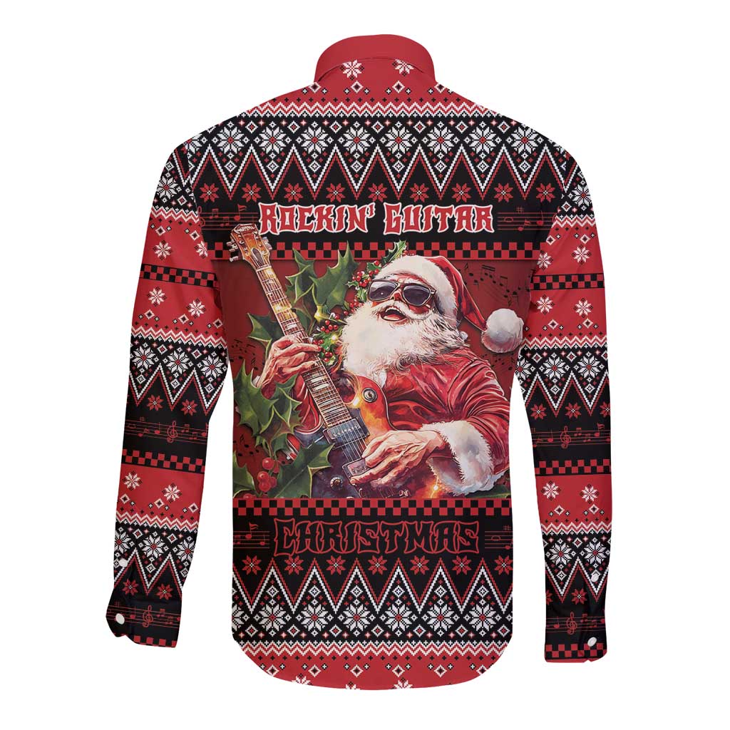 Guitar Christmas Long Sleeve Button Shirt Rocking Santa - Wonder Print Shop