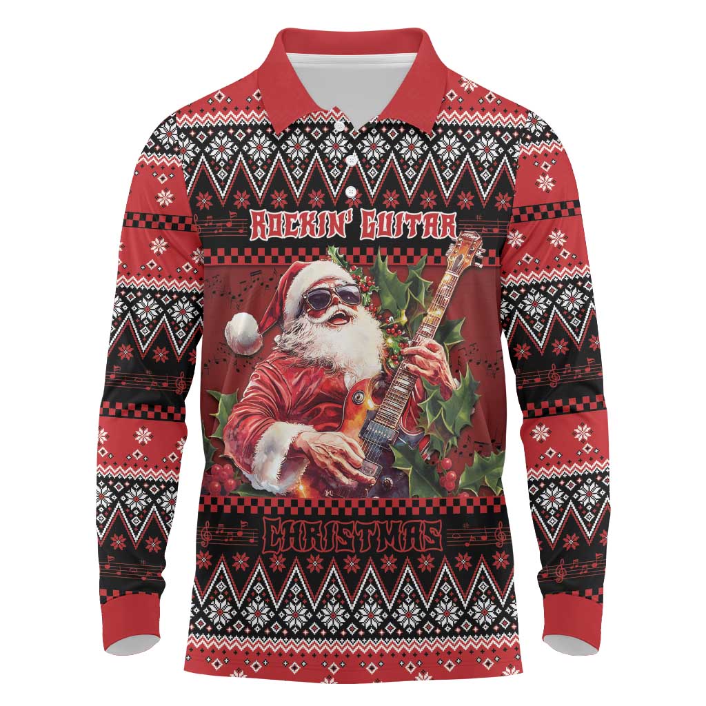 Guitar Christmas Long Sleeve Polo Shirt Rocking Santa - Wonder Print Shop