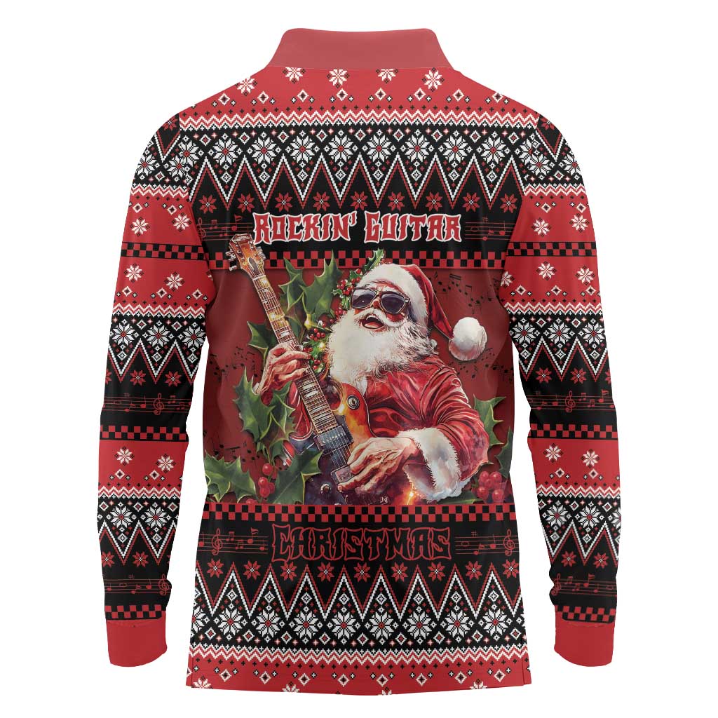 Guitar Christmas Long Sleeve Polo Shirt Rocking Santa - Wonder Print Shop