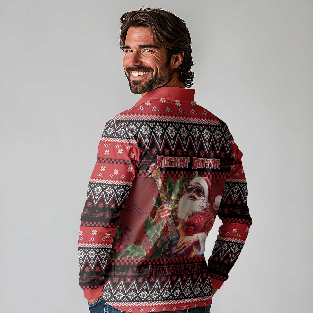Guitar Christmas Long Sleeve Polo Shirt Rocking Santa - Wonder Print Shop