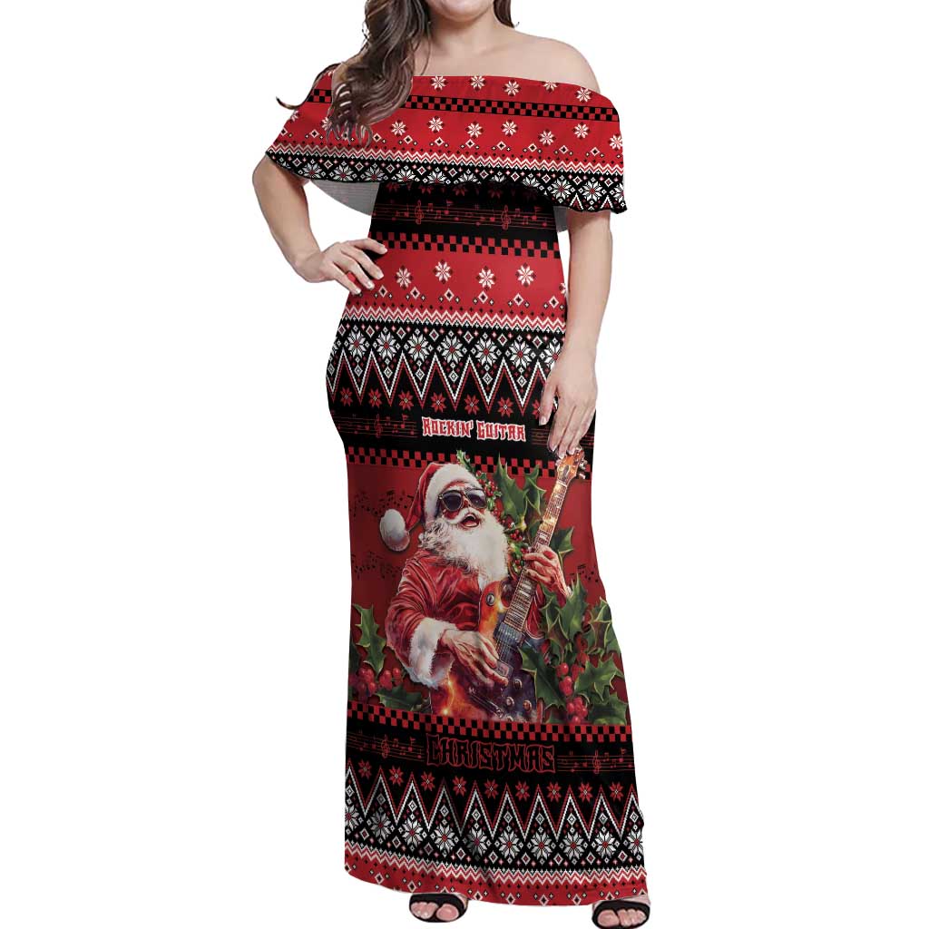 Guitar Christmas Off Shoulder Maxi Dress Rocking Santa - Wonder Print Shop