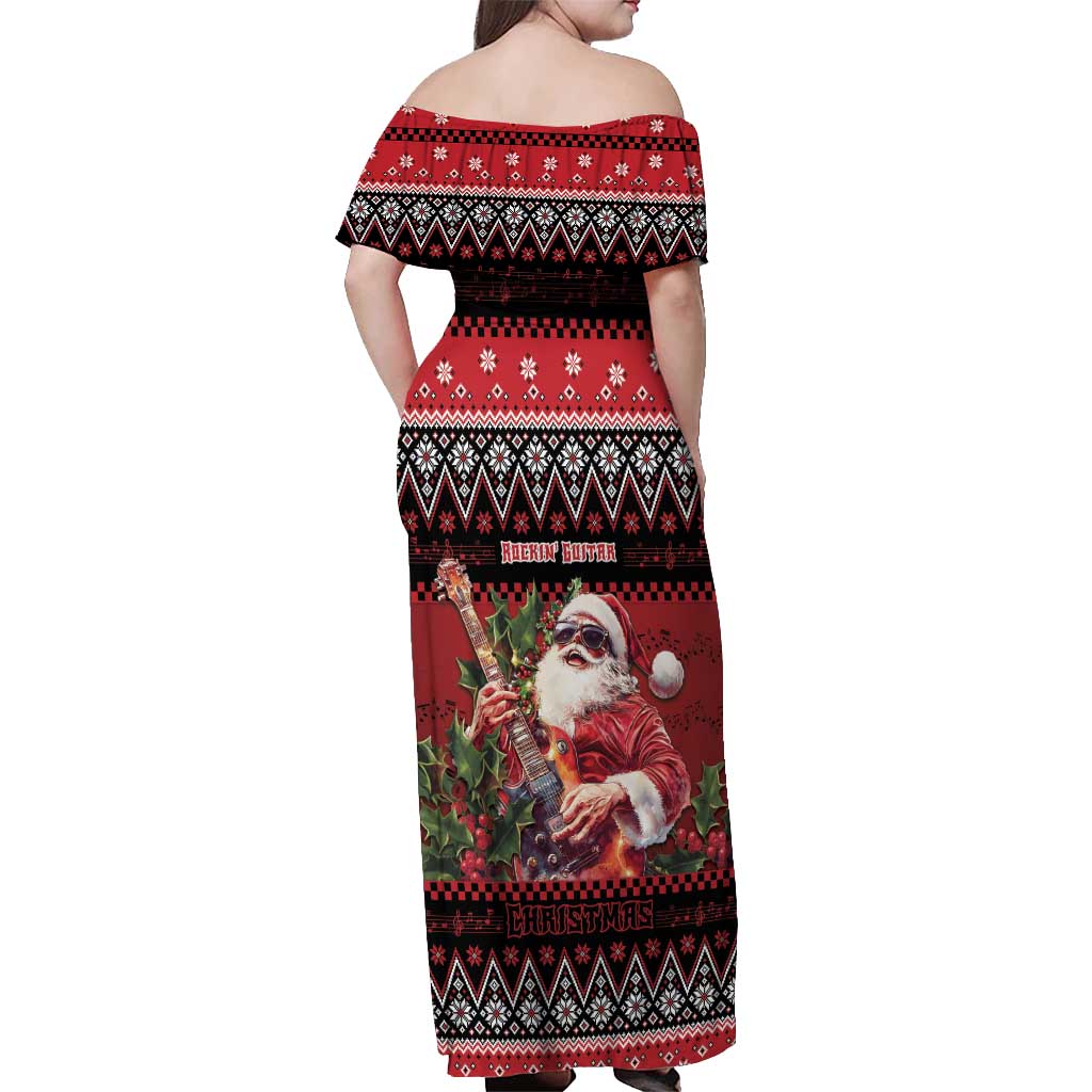Guitar Christmas Off Shoulder Maxi Dress Rocking Santa - Wonder Print Shop