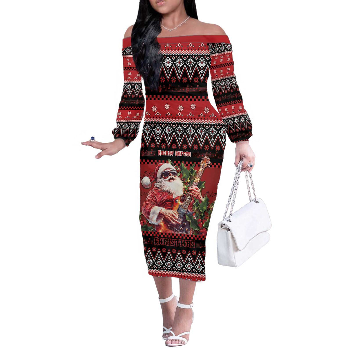 Guitar Christmas Off The Shoulder Long Sleeve Dress Rocking Santa - Wonder Print Shop