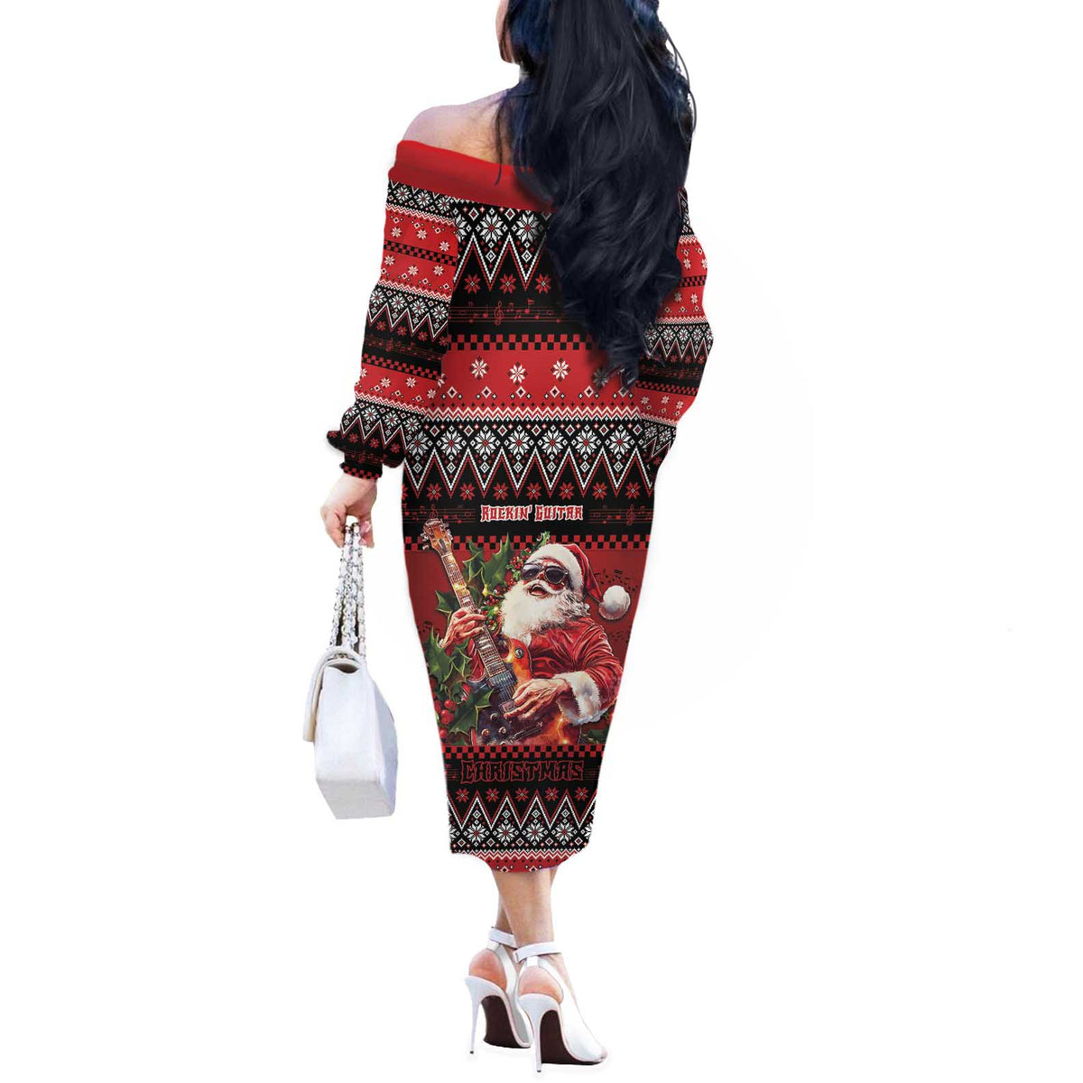 Guitar Christmas Off The Shoulder Long Sleeve Dress Rocking Santa - Wonder Print Shop