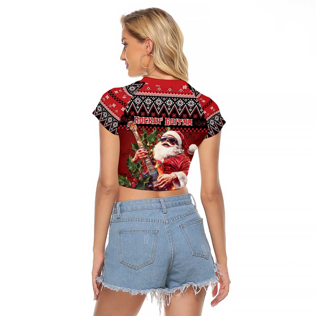 Guitar Christmas Raglan Cropped T Shirt Rocking Santa - Wonder Print Shop