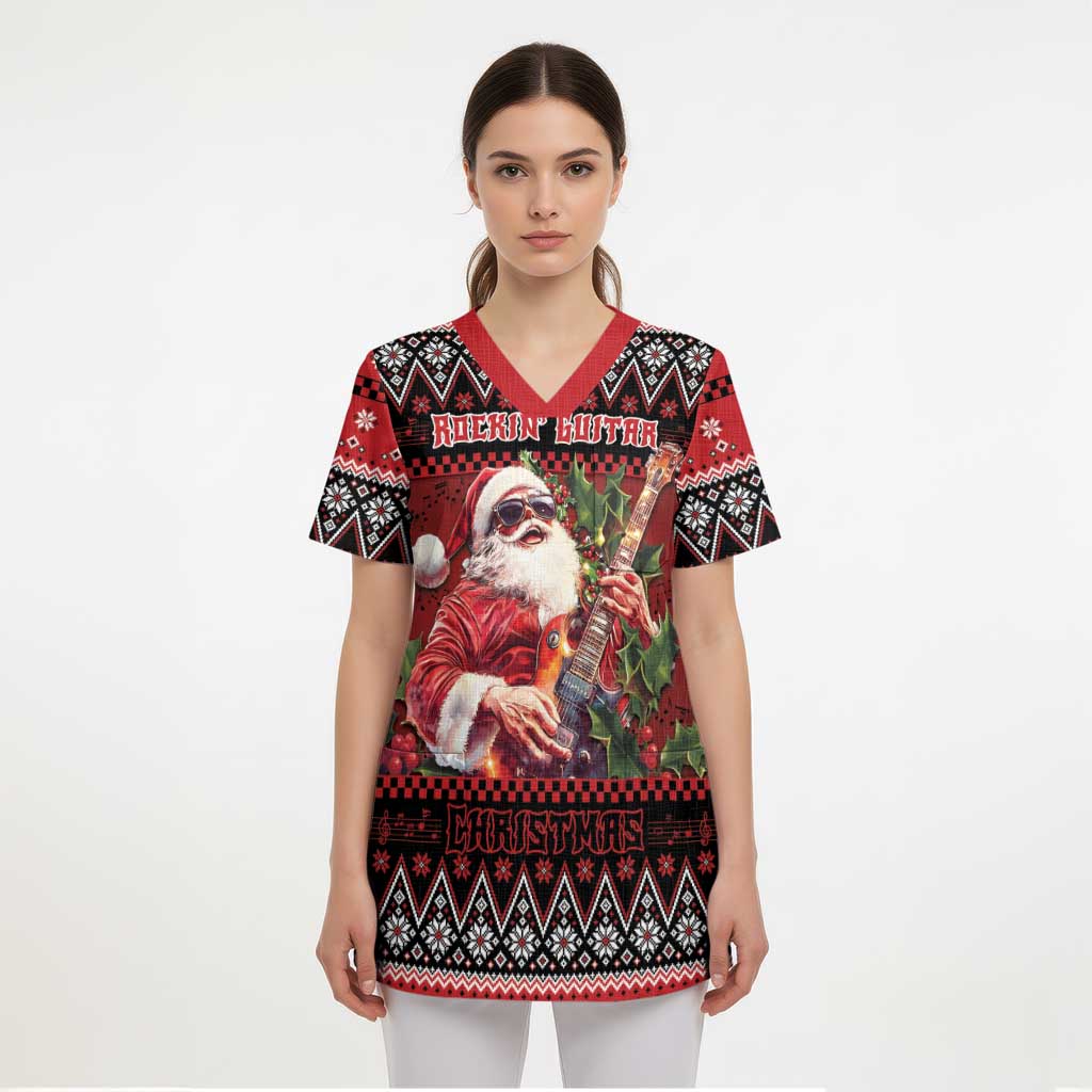 Guitar Christmas Scrub Top Rocking Santa - Wonder Print Shop