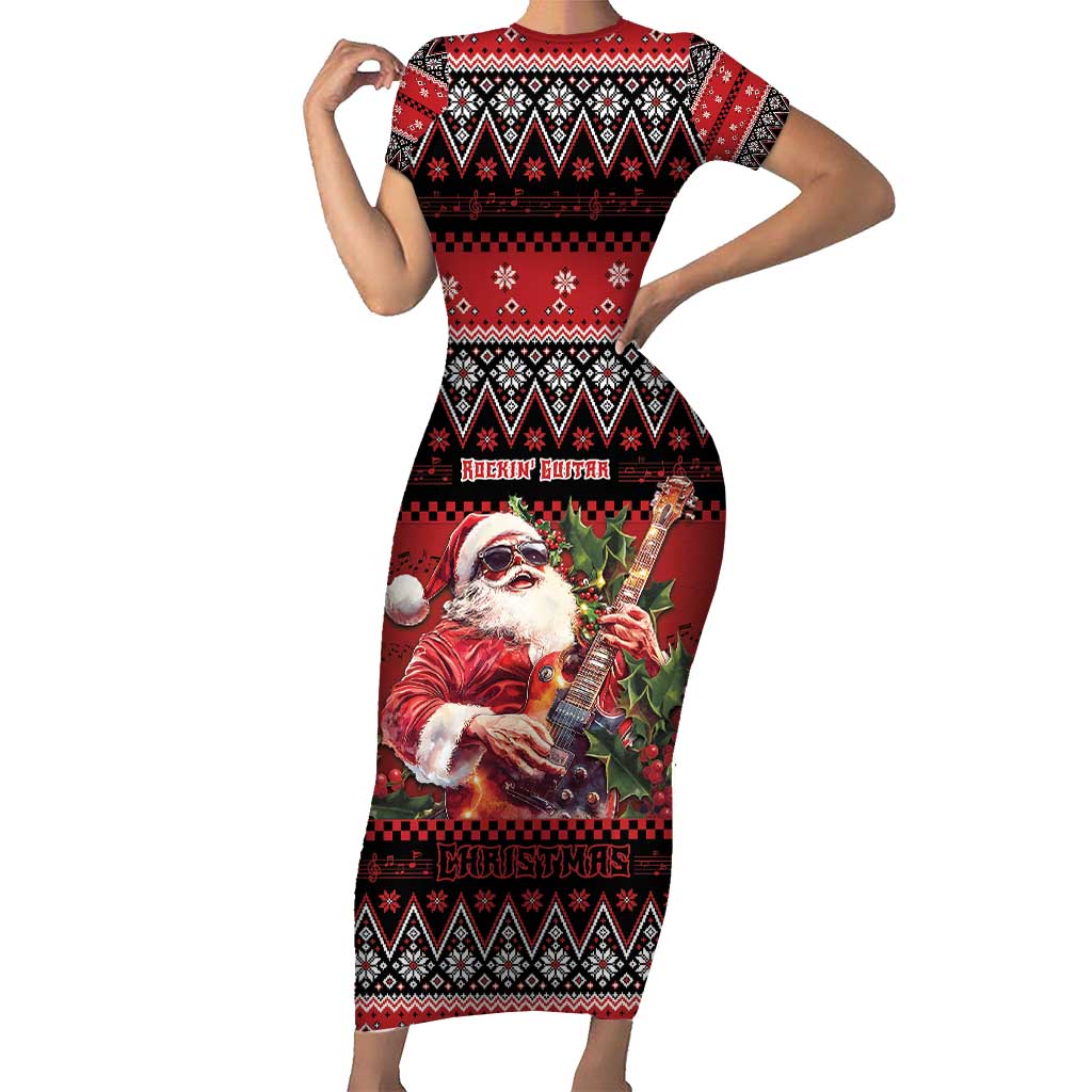 Guitar Christmas Short Sleeve Bodycon Dress Rocking Santa - Wonder Print Shop