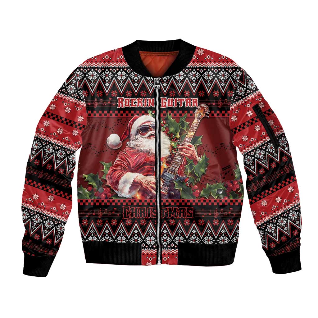 Guitar Christmas Sleeve Zip Bomber Jacket Rocking Santa - Wonder Print Shop
