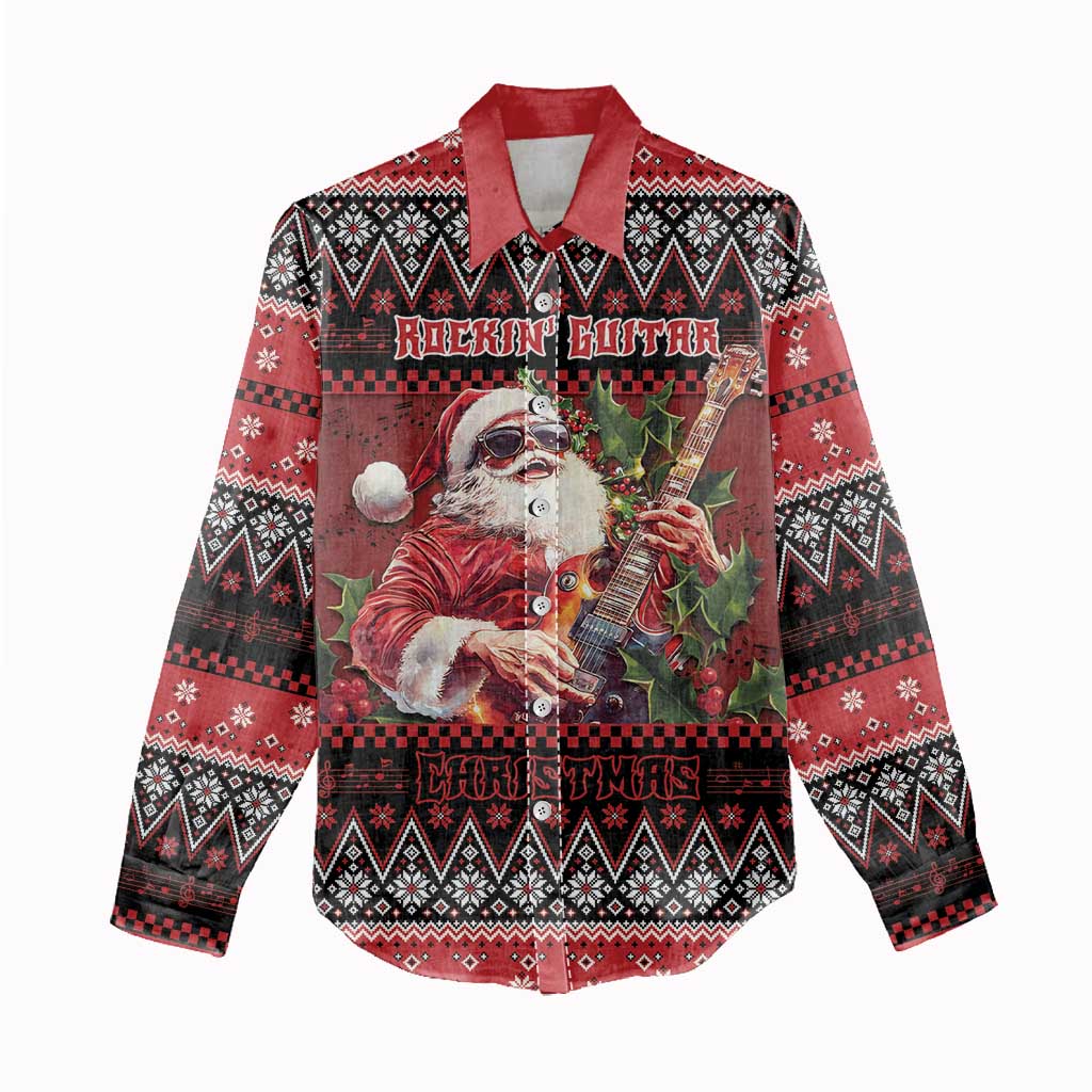 Guitar Christmas Women Casual Shirt Rocking Santa - Wonder Print Shop