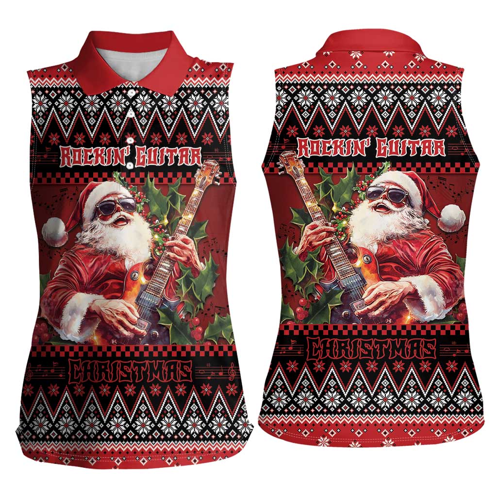 Guitar Christmas Women Sleeveless Polo Shirt Rocking Santa - Wonder Print Shop