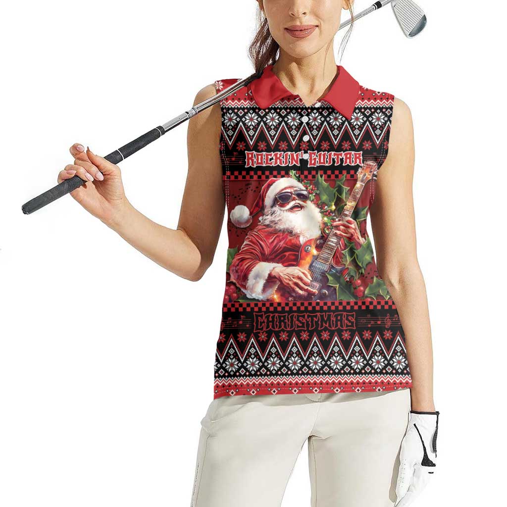 Guitar Christmas Women Sleeveless Polo Shirt Rocking Santa - Wonder Print Shop